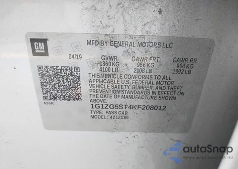 2019 Chevrolet Malibu Rs из США, поврежденный, VIN 1G1ZG5ST4KF208012